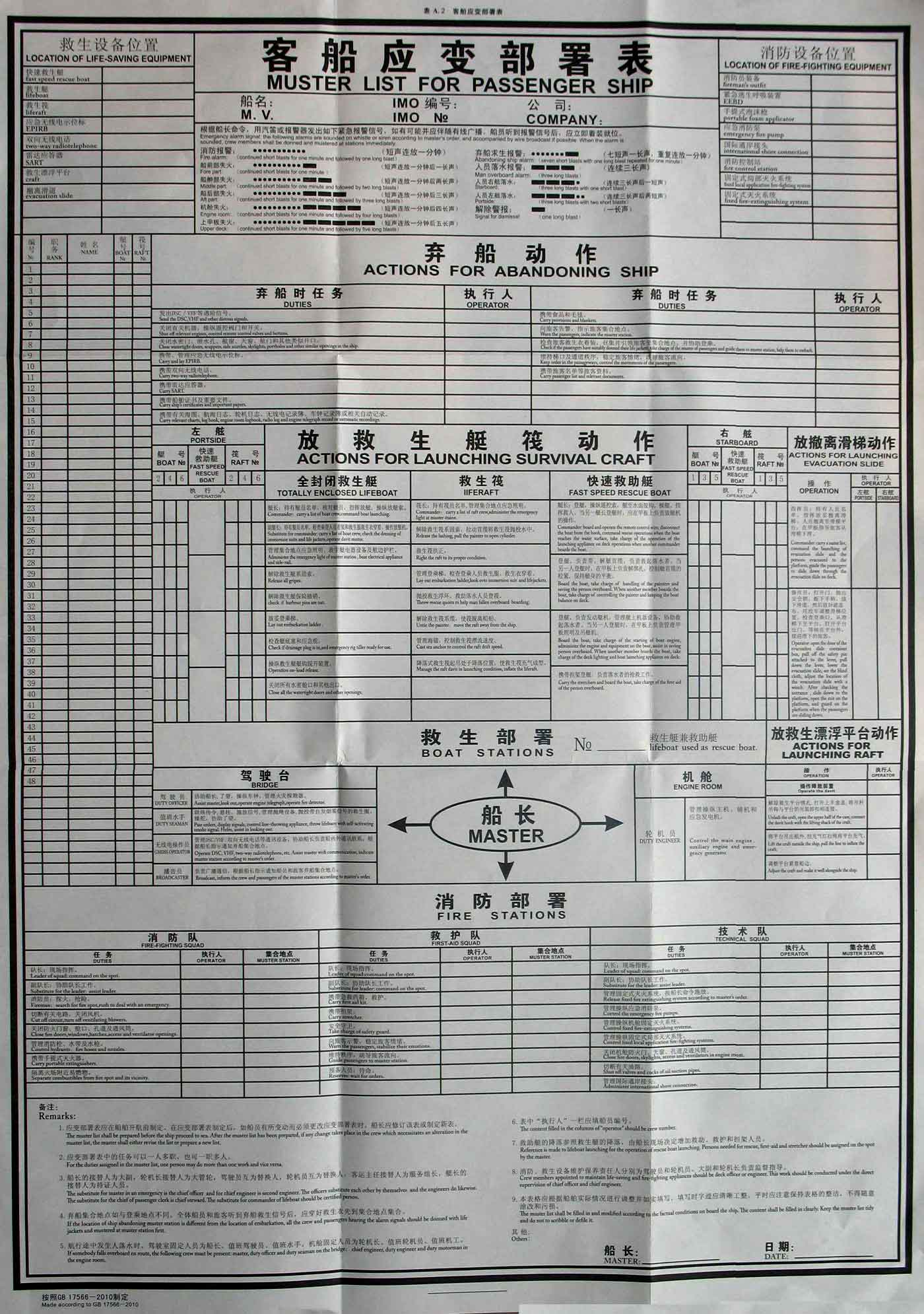 海洋运输船舶应变部署表 gb17566-2010