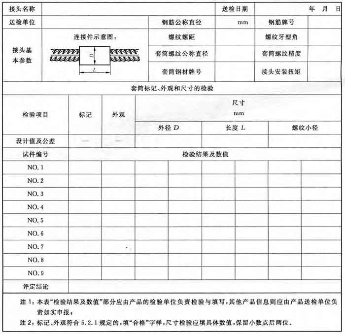 表c.1 直螺纹接头试件型式检验报告样式(第一部分:接头,套筒参数)