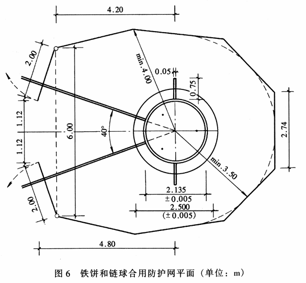 3 当铁饼和链球合用防护网时,其防护网建议尺寸见图6.